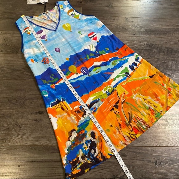 NWT Maloka Dress Hot Air Balloon Art capped sleeve outlined vneck fit & flare - Picture 15 of 16